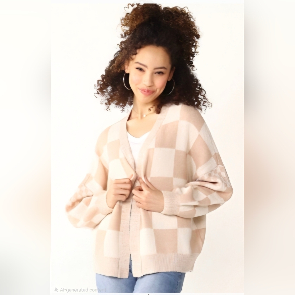 NWOT - SO Woman's Checkered Cardigan Sweater - Tan and Cream